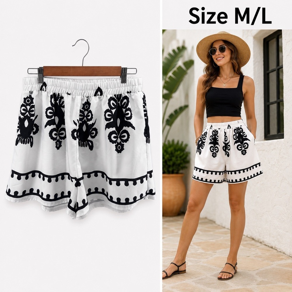 Black White Floral Print High Rise Wide Leg Flowy Shorts Unbranded Women's M/L